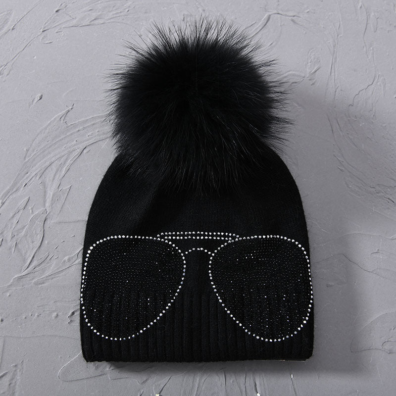 Rhinestone sunglasses beanie with pom