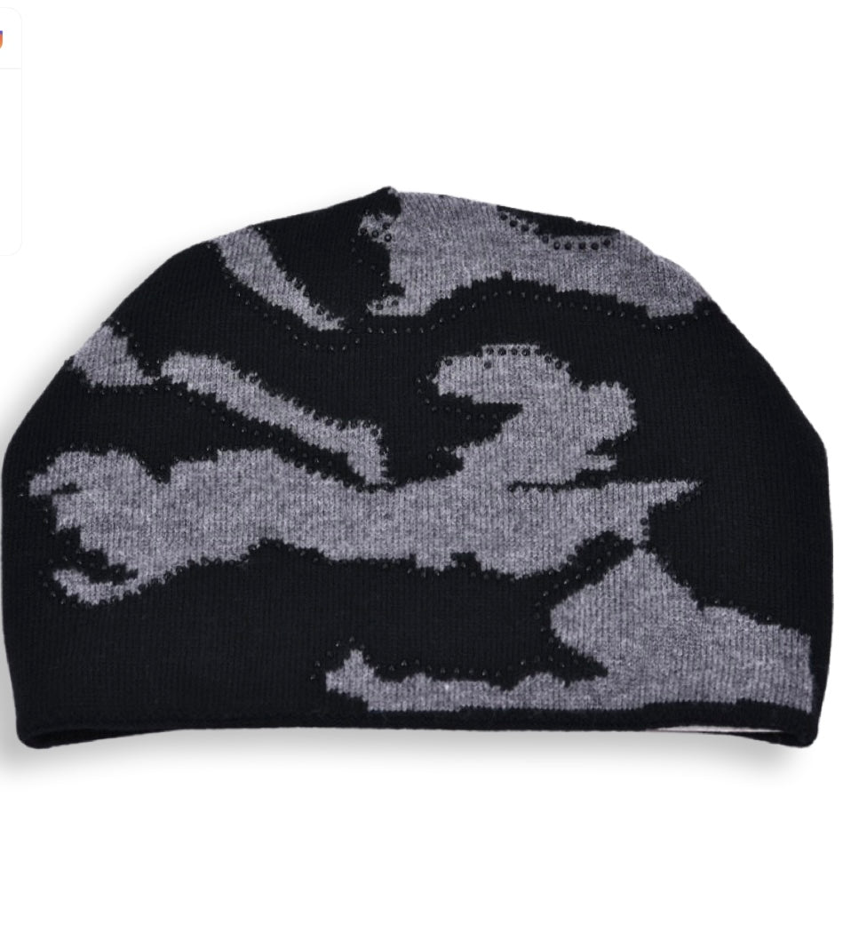 Camouflage printed New York cashmere slouchy beanie with pom