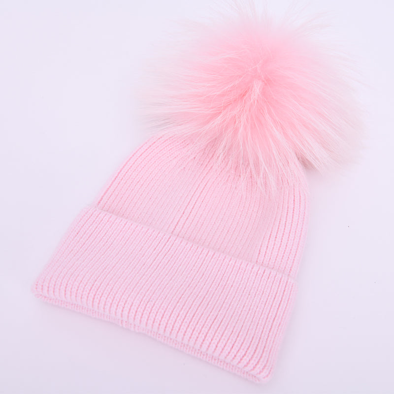 Baby cashmere ribbed foldover hat with matching pom