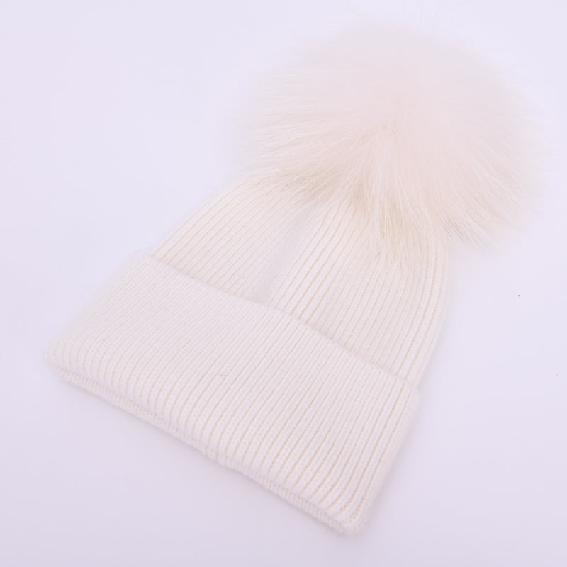 Baby cashmere ribbed foldover hat with matching pom