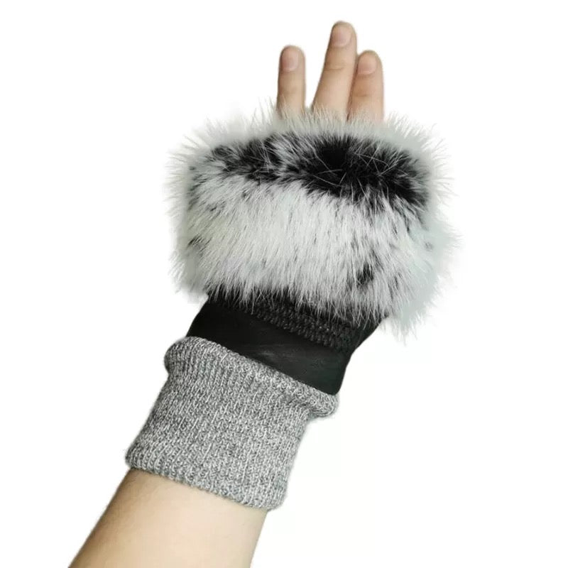 Mixed Fur trimmed leather fingerless glove