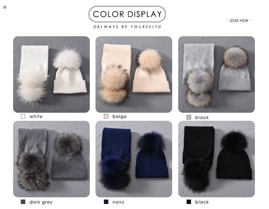 Two pc cashmere ribbed basic beanie with pom matching double pom scarf