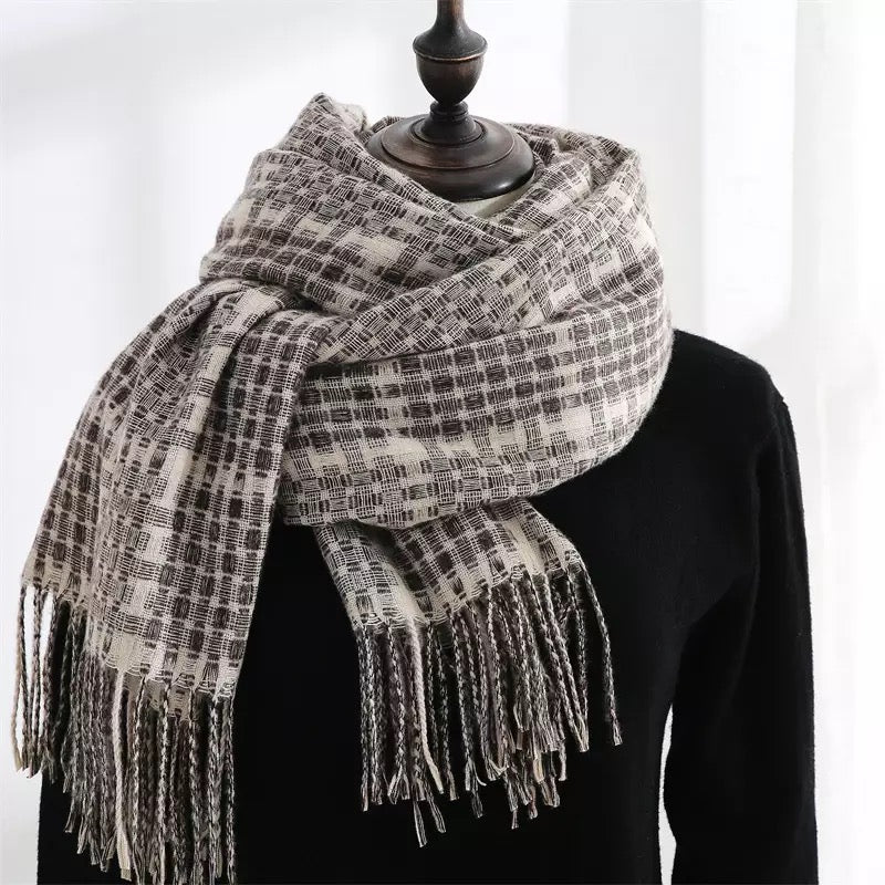 Warm brown and beige plaid fall winter scarf