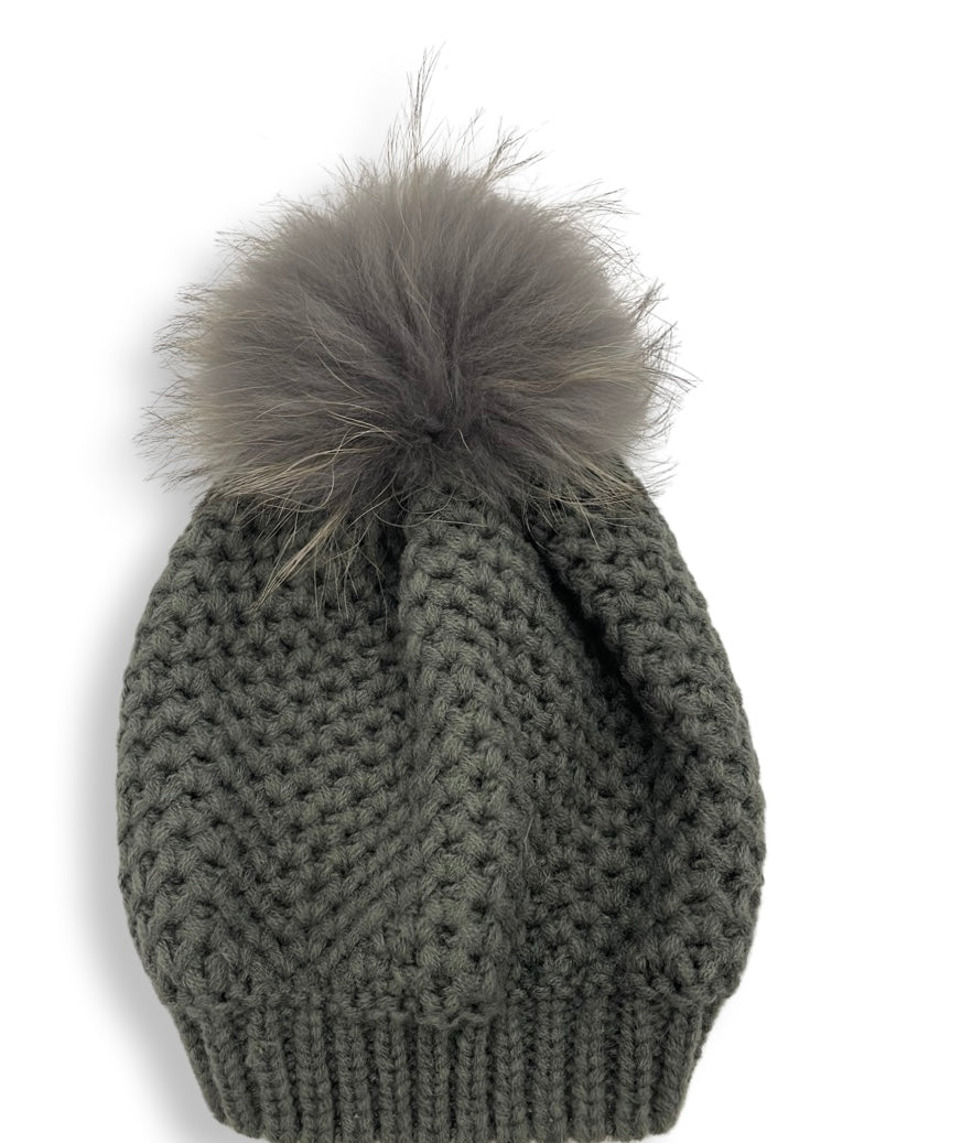 Girls size honeycomb weave slouchy pom pom beret/ hat