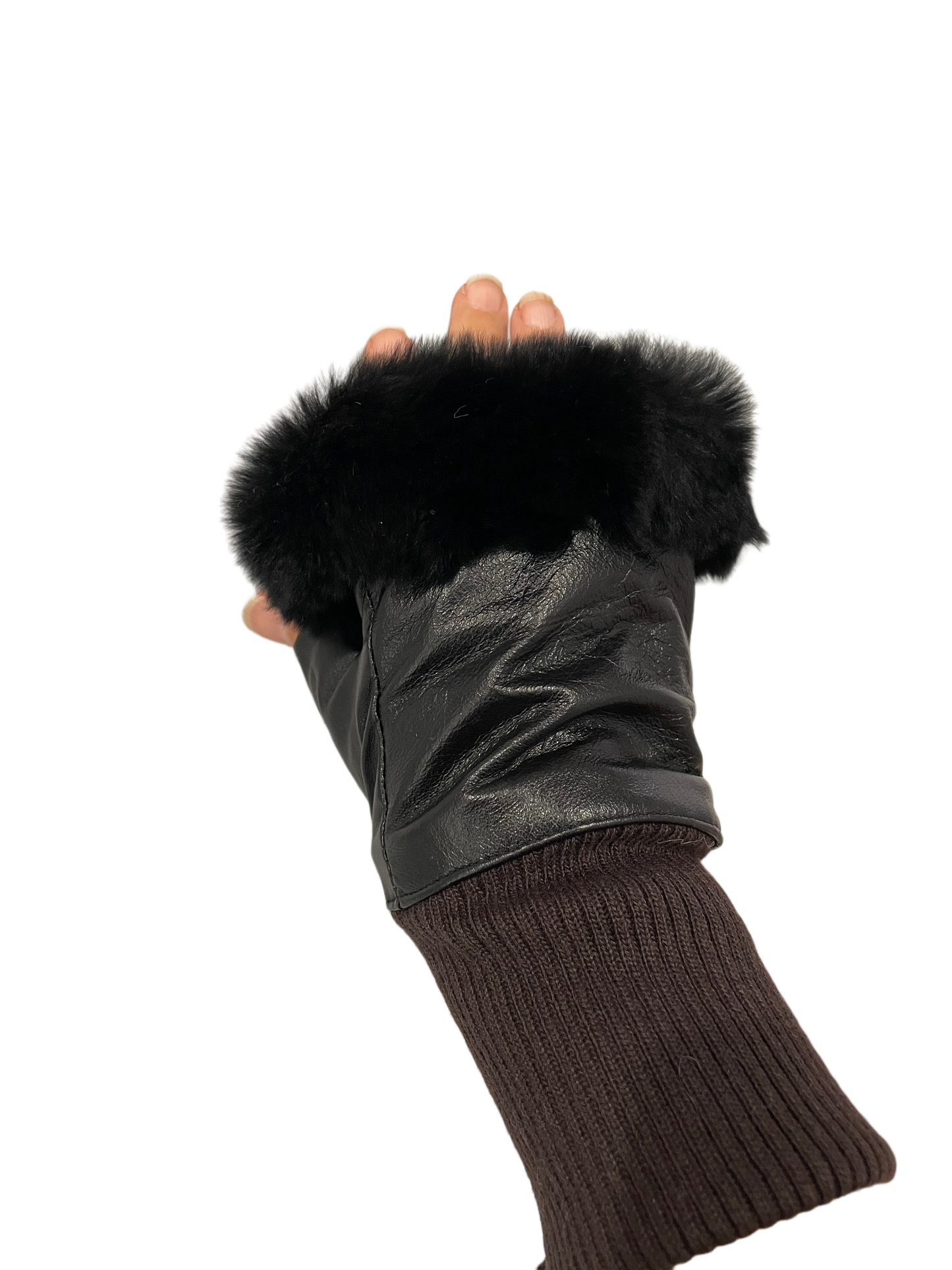 Solid leather fingerless glove with fur trim