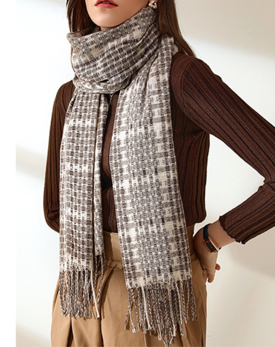 Warm brown and beige plaid fall winter scarf