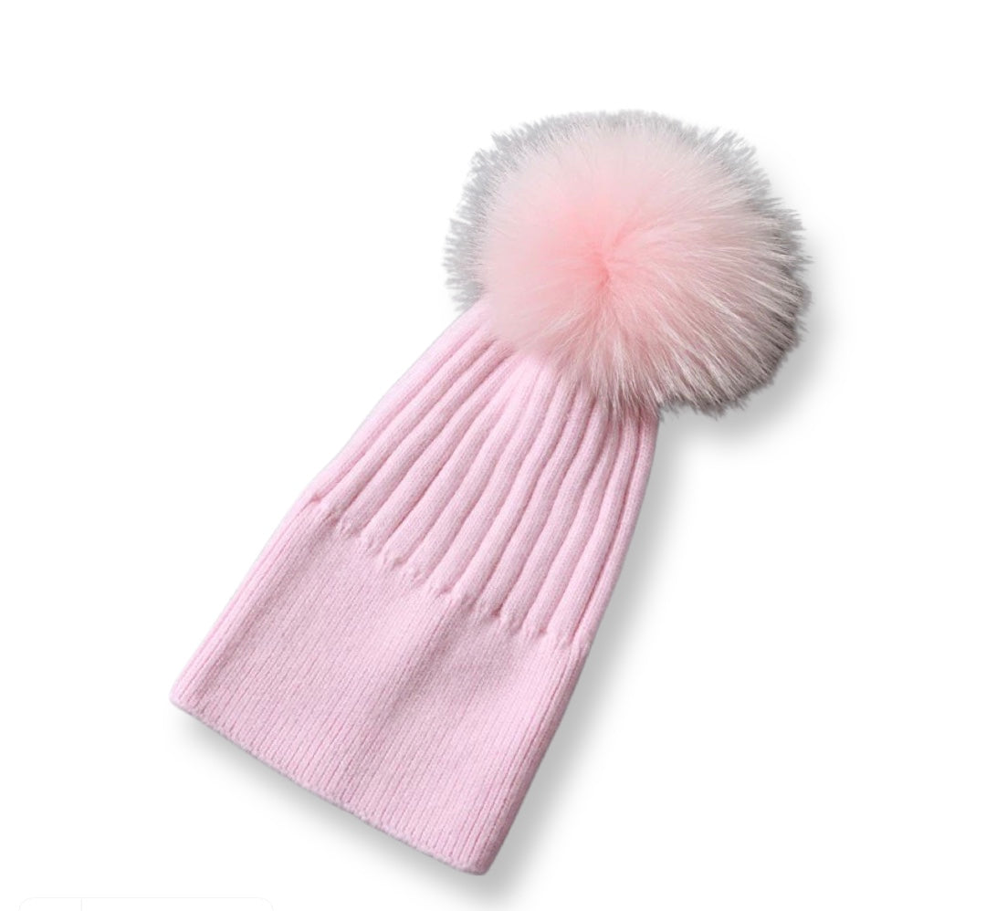 Angora cashmere blend kids size ribbed with real fur pom