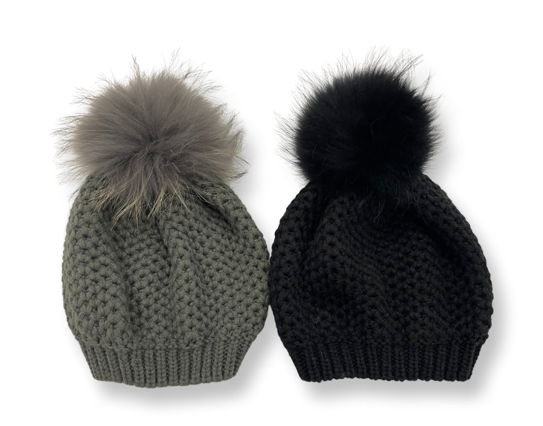 Girls size honeycomb weave slouchy pom pom beret/ hat