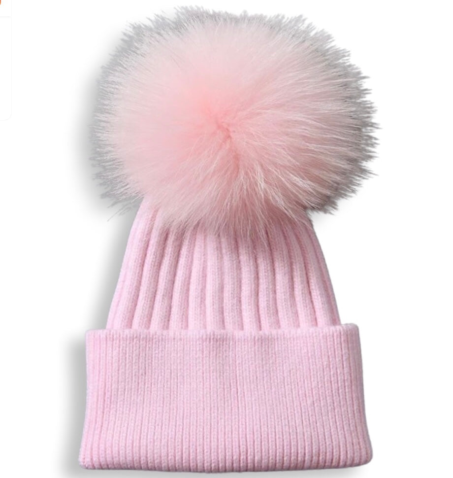 Angora cashmere blend kids size ribbed with real fur pom