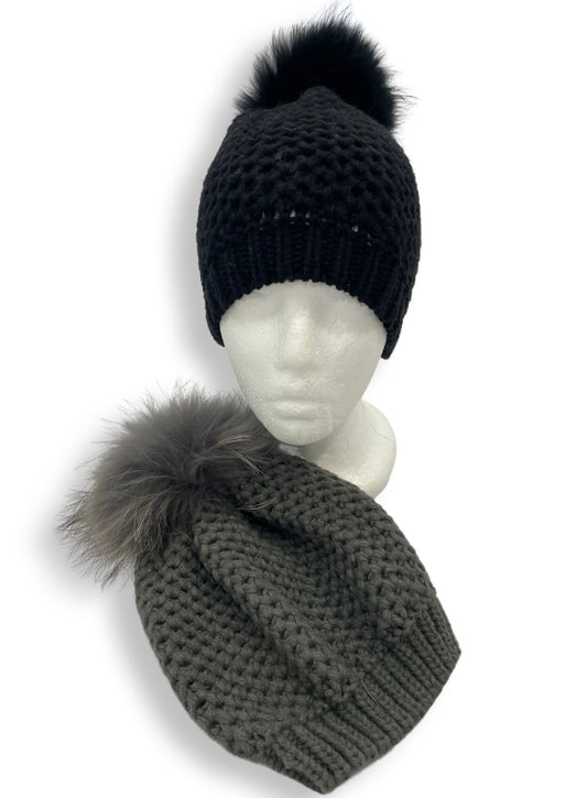 Girls size honeycomb weave slouchy pom pom beret/ hat