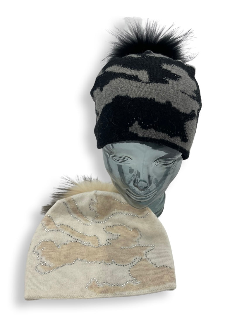 Camouflage printed New York cashmere slouchy beanie with pom