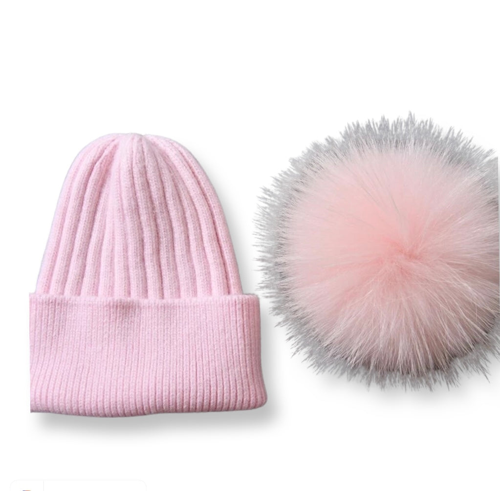 Angora cashmere blend kids size ribbed with real fur pom