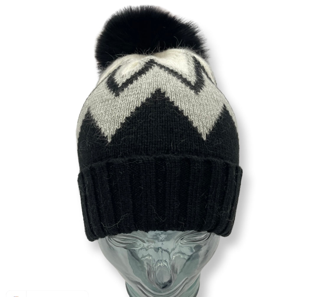 Chevron zig zag foldover hat with matching pom