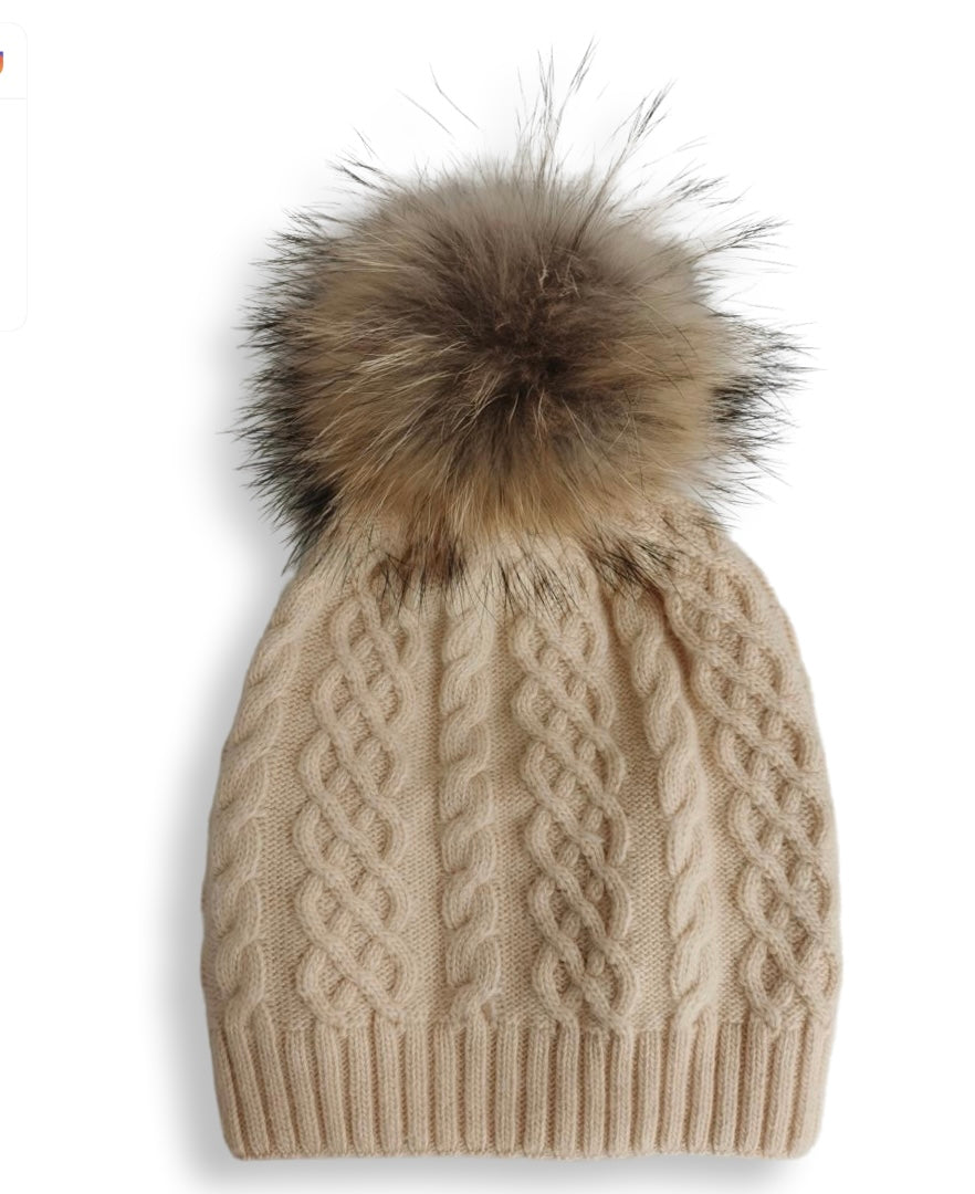 Off white/ cream cable slouched hat cashmere wool blend
