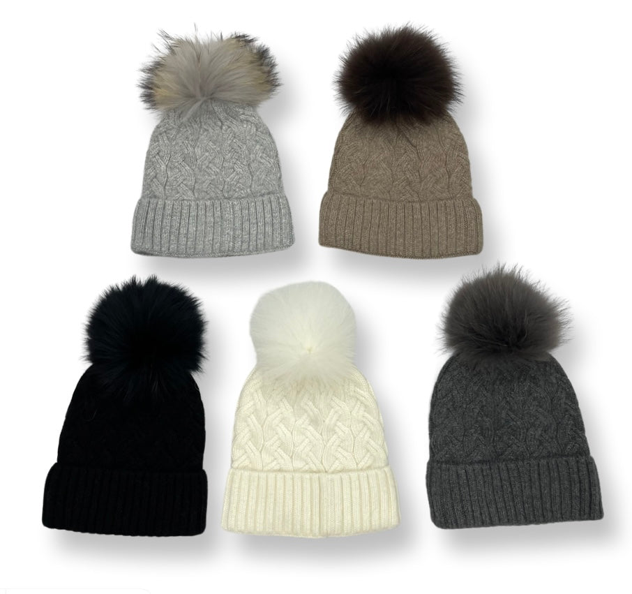 Cable foldover angora cashmere hat with matching Pom