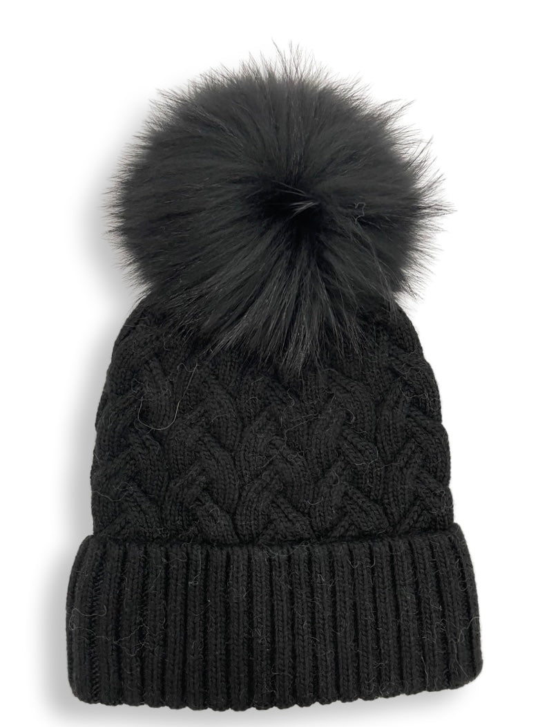 Cable foldover angora cashmere hat with matching Pom