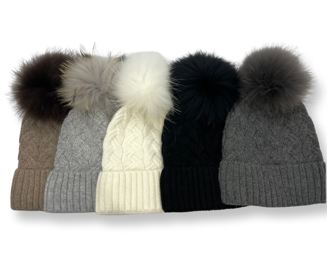 Cable foldover angora cashmere hat with matching Pom
