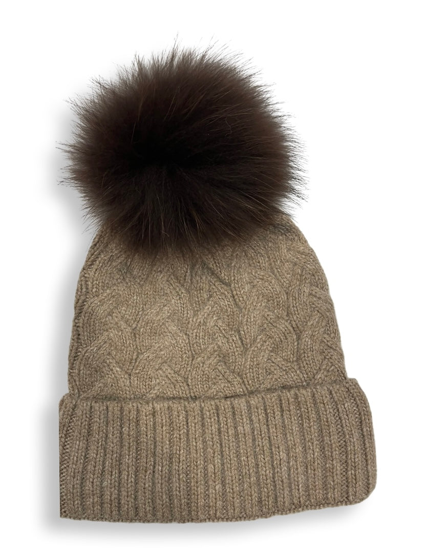 Cable foldover angora cashmere hat with matching Pom