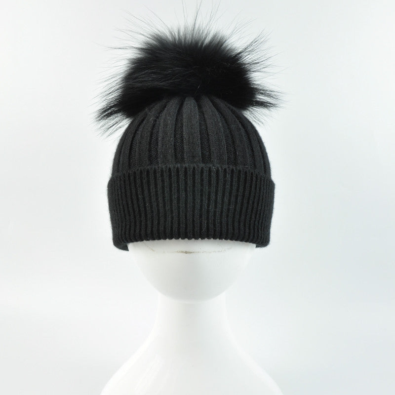 Angora cashmere blend kids size ribbed with real fur pom