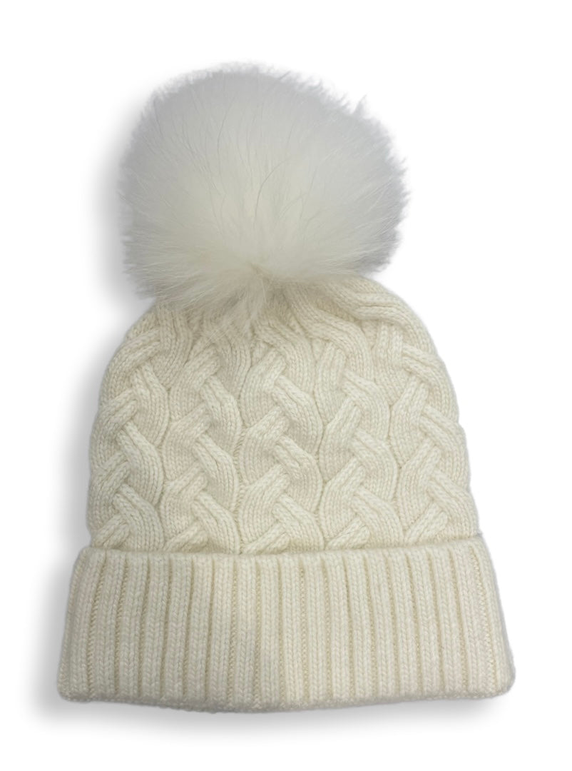 Cable foldover angora cashmere hat with matching Pom