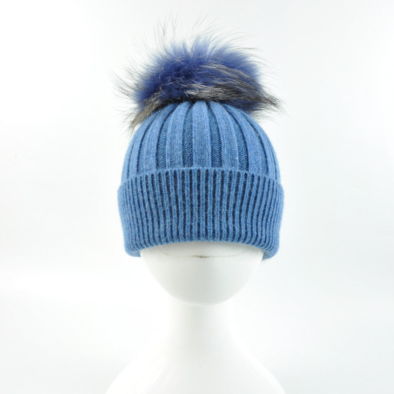 Angora cashmere blend kids size ribbed with real fur pom