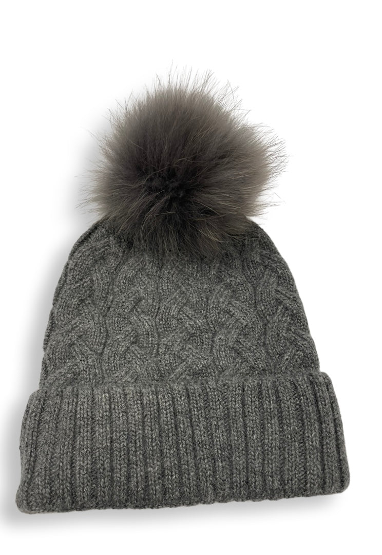 Cable foldover angora cashmere hat with matching Pom