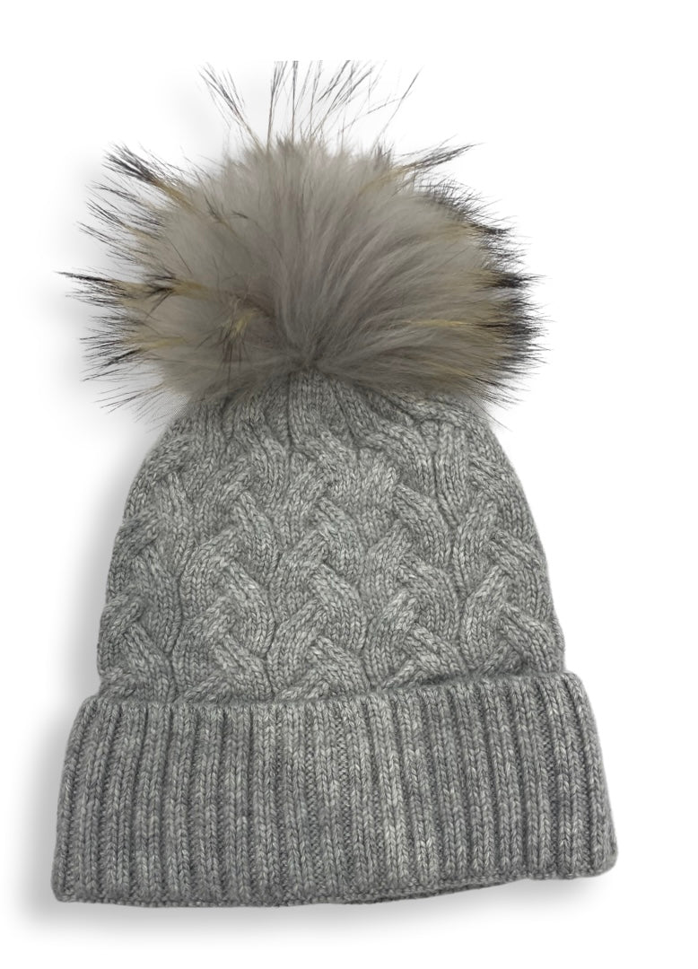 Cable foldover angora cashmere hat with matching Pom