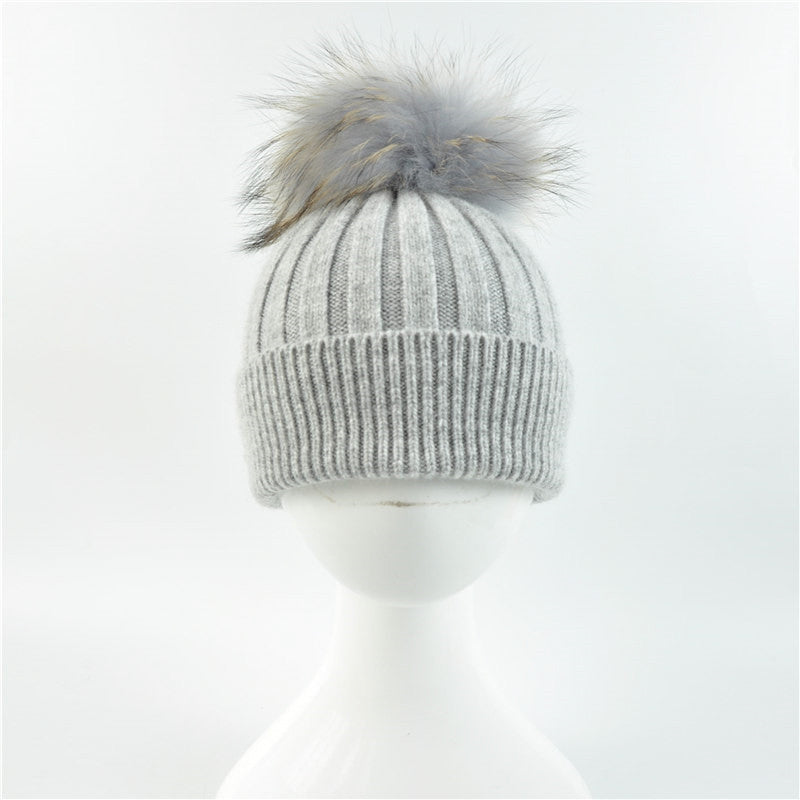 Angora cashmere blend kids size ribbed with real fur pom