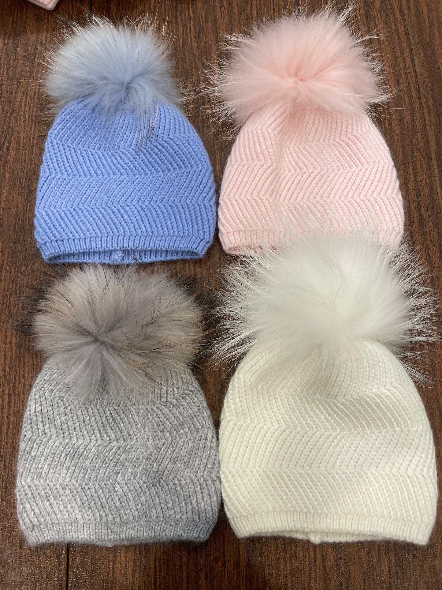 Baby cashmere chevron knit non fold hat with pom pom